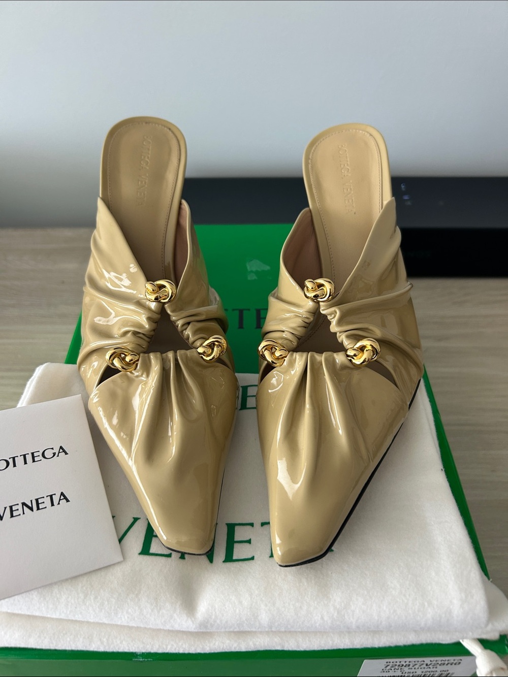 Bottega Veneta Beige Patent Leather Pointed Mules with Gold Knots
